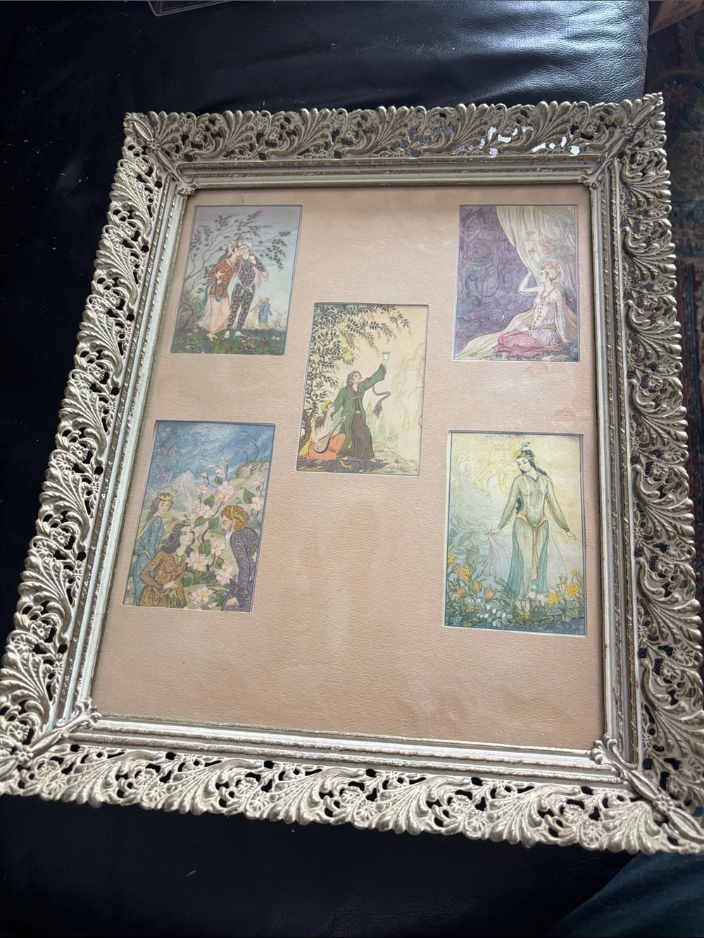 Ornate Silver-Tone Decorative Picture Frame with Vintage Art Prints